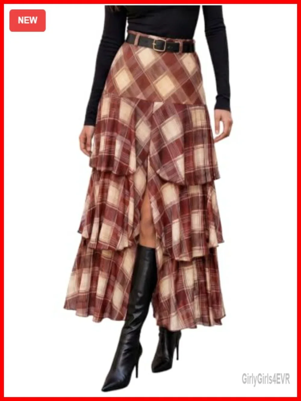 Womens Plaid Tiered Maxi Skirt High Waist Front Slit A-Line